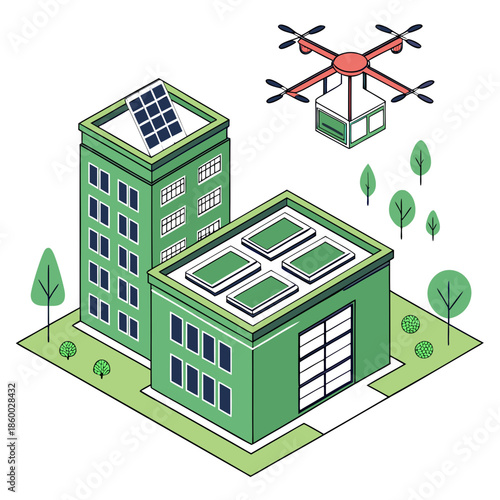 An isometric illustration depicts a drone delivering a package above a green city with sustainable elements like solar panels and
