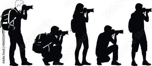Black Silhouette Photographers in Varied Poses with Cameras and Backpacks for Travel, Hobby, and Vector Design Use