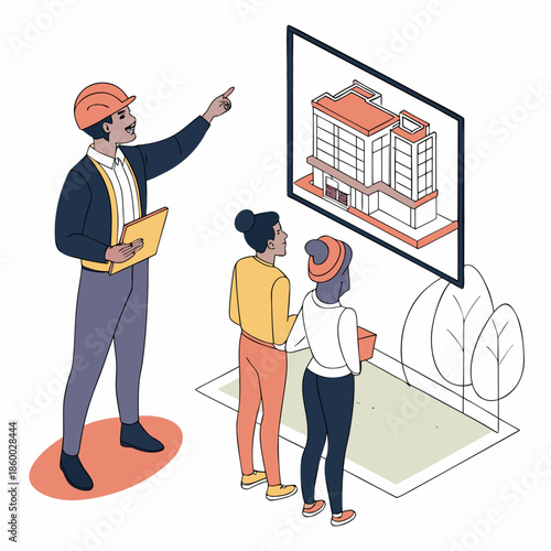 An architect explains a building plan to two female clients showcasing a detailed isometric projection of a modern structure