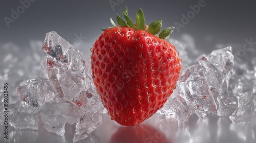 A ripe strawberry balanced upright, crystalline sugar wings arching outward with icy translucence. Controlled lighting reveals dazzling across sugar