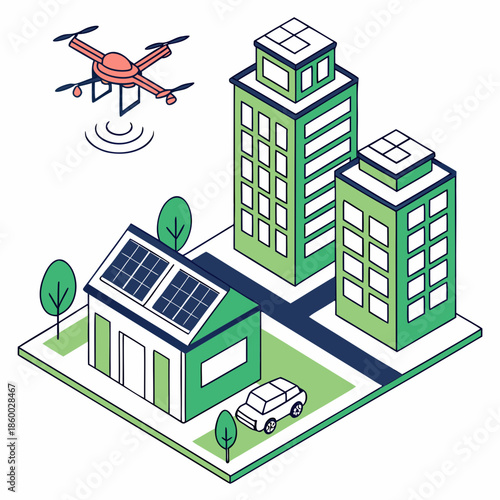 An illustrative depiction shows a drone flying over a green city with futuristic buildings and sustainable energy sources