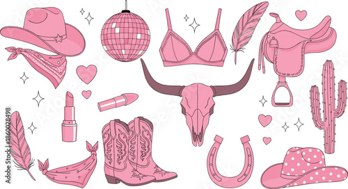 Pink Western fashion icon set, cowboy hats, boots, cactus, lipstick, bra, disco ball vector for stylish country glam design