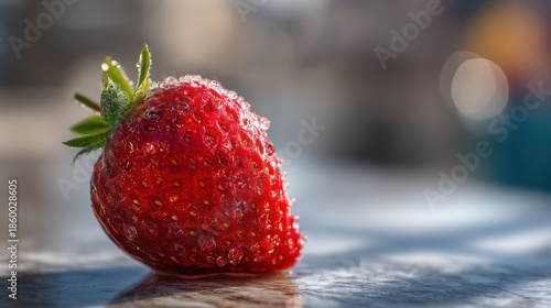 A ripe strawberry rests on a polished marble surface, its crystalline sugar wings glistening like frozen glass. Sharp shadows
