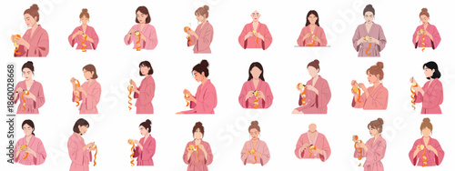 A set of illustrations featuring diverse women in pink bathrobes peeling oranges, depicting morning self-care, wellness routines, and healthy fruit preparation.