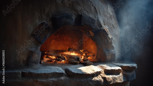 A rustic clay barbecue oven glowing with embers inside, faint smoke drifting from vent, sharp ultra-detailed surface textures, uncluttered