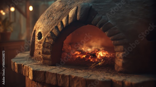 A rustic clay barbecue oven glowing with embers inside, faint smoke drifting from vent, sharp ultra-detailed surface textures, uncluttered