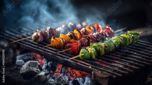 A rustic metal grill glowing with embers, skewers of vegetables arranged in symmetry. Smoke rises naturally, blending into background