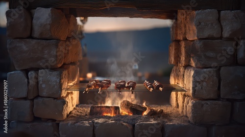 A rustic outdoor barbecue pit framed by stacked stones, glowing embers illuminating skewers placed neatly above, soft smoke rising
