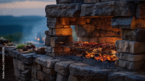 A rustic outdoor barbecue pit framed by stacked stones, glowing embers illuminating skewers placed neatly above, soft smoke rising