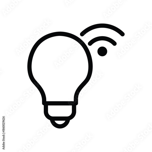 Minimalist smart light bulb icon with wireless signal, representing smart lighting, connected devices, and home automation