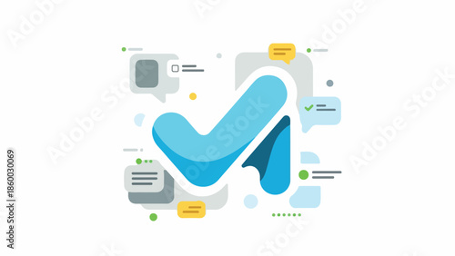 Flat lay of a blue checkmark logo surrounded by various digital interface elements on a white background with a modern and minimalistic style.