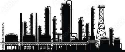 Black silhouette of oil refinery and chemical plant factory, industrial building vector illustration on white background for energy manufacturing design