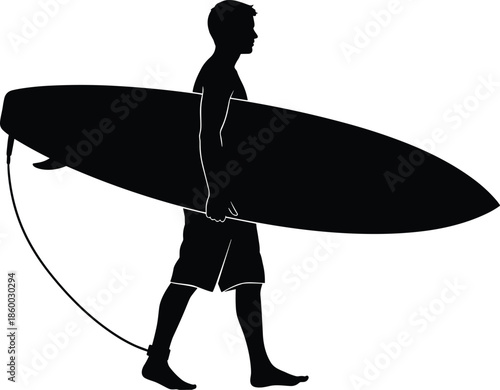 Black silhouette of young surfer walking with surfboard, water sport vector illustration on white background for summer beach holiday design