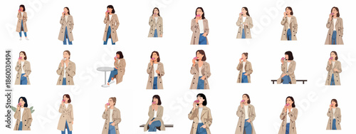 Vector Collection of Stylish Women in Trench Coats and Jeans Eating Pink Donuts, Depicting Casual Urban Lifestyle and Sweet Moments.