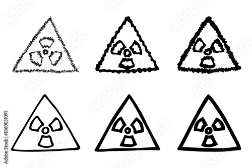 Set of hand drawn radiation sign Nuclear radiation hazard symbol Radioactive danger warning doodle Radioactive waste Single element for print, web, design, decor