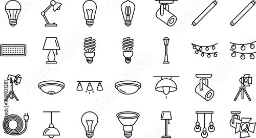 Collection of modern lighting and lamp line icons featuring bulbs, fixtures, spotlights, lamps, and decorative lights in clean minimalist vector design