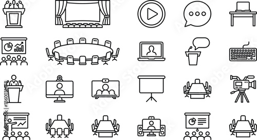 Conference and presentation icons illustrating meetings, public speaking, video conferencing, business training, communication tools, and professional event setups in clean line style