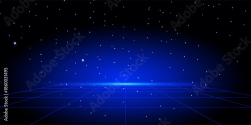 Abstract blue technology background with neon light effect for product presentation, perspective template, vector design.