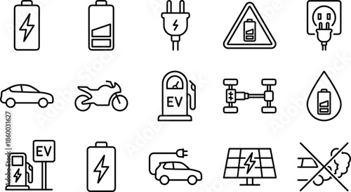 Electric vehicle and renewable energy icons featuring EV charging, batteries, eco-friendly transport, solar power, and clean mobility concepts in modern line style