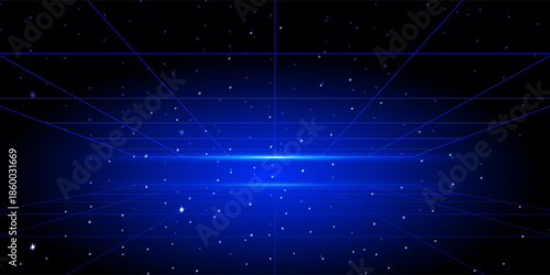 Abstract blue technology background with neon light effect for product presentation, perspective template, vector design.