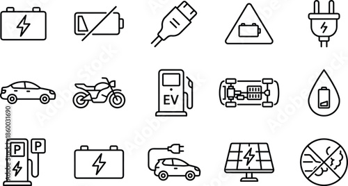 Electric vehicle and clean energy icons showcasing EV charging, batteries, eco-friendly transport, solar power, and sustainable mobility elements in modern line style