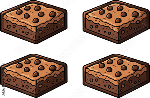 Cartoon chocolate brownies with layered texture and chocolate chips, dessert vector illustration for food design, recipe, and snack content.