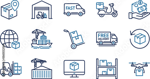 Logistics and delivery service icons illustrating global shipping, warehousing, cargo handling, package tracking, courier transport, and fast distribution in modern line style