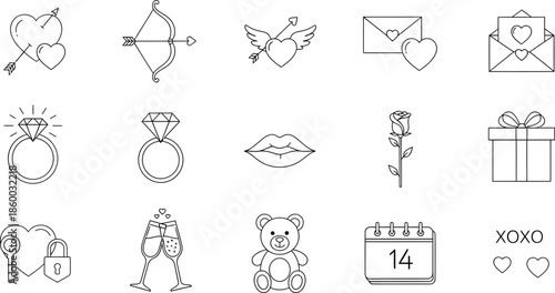 Collection of 12 black and white line drawings of various objects and shapes