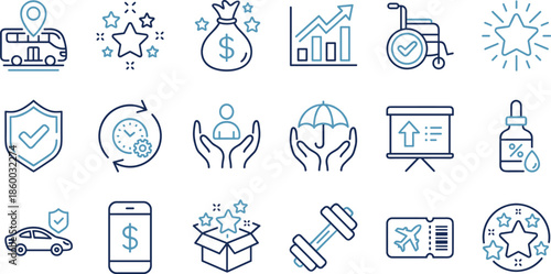 Modern finance, insurance, travel, rewards, and business concept line icon collection featuring money, protection, analytics, wellness, mobility, and digital services