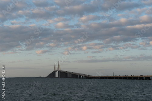 Wide View of Sunshine Skyway Bridge Under Evening Clouds
