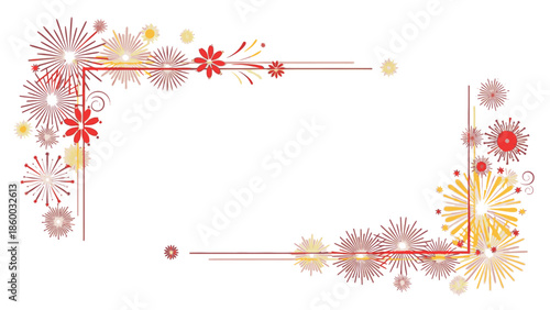 Decorative frame with red, yellow, and pink fireworks and borders on a white background for Chinese New Year 2026 celebrations.