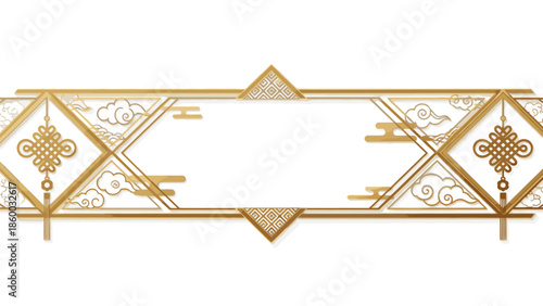 A decorative gold border with intricate designs and patterns, featuring Chinese New Year 2026 elements, set against a clean white background with elegant frames and borders.