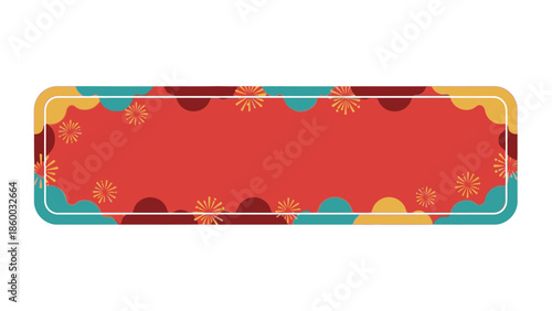 A vibrant rectangular decorative frame with a red background and colorful borders featuring floral patterns against a white background.
