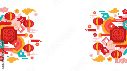 Vibrant digital illustration of decorative frames and borders for Chinese New Year 2026, featuring red lanterns, flowers, and auspicious symbols on a white background with a festive mood.