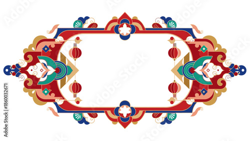 Vibrant decorative frame with intricate red, gold, and blue designs for Chinese New Year 2026, featuring lanterns and floral patterns on a white background with a festive mood.
