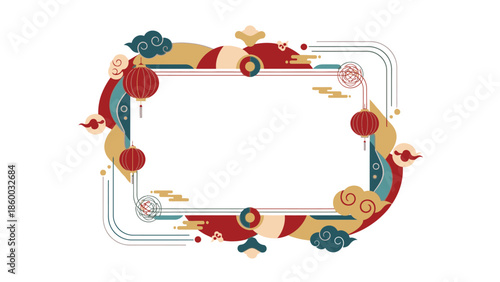 Decorative frame with red, gold, and blue elements for Chinese New Year 2026 on a white background with a festive and celebratory mood.