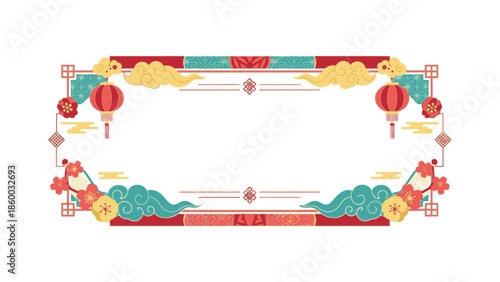 Decorative frames and borders featuring Chinese New Year 2026 elements on a white background with vibrant red, gold, and teal colors.