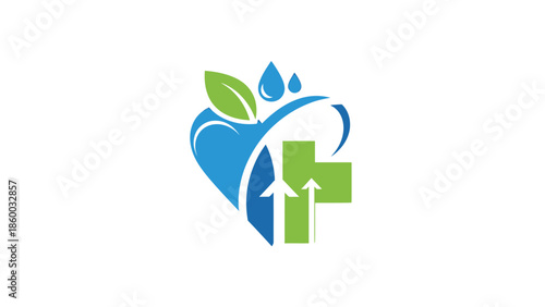 Healthy living logo design featuring a person, water drops, and a plus sign.