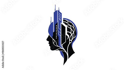 Conceptual illustration of a human head with city buildings and neural networks.