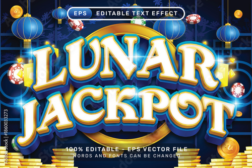 Lunar Jackpot 3d text effect and editable text effect with lanterns and Chinese ornaments