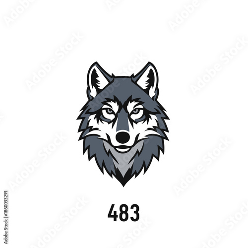 Intense wolf head illustration with sharp details and a striking gaze, number 483.