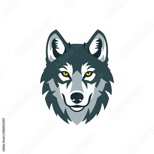 Intense wolf face illustration with piercing yellow eyes and detailed fur, looking forward.