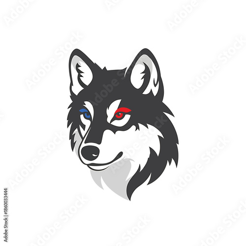 Intense wolf face with striking blue and red eyes, a captivating design.