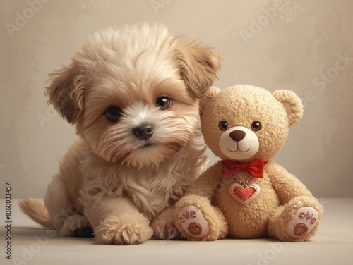 Puppy snuggles with teddy bear