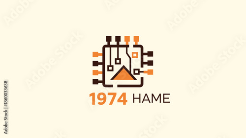 Intricate circuit board design with the year 1974 and the word HAME displayed.