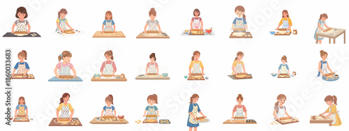 Set of illustrations showing young women and girls happily baking cookies, rolling out dough, and preparing homemade sweets.