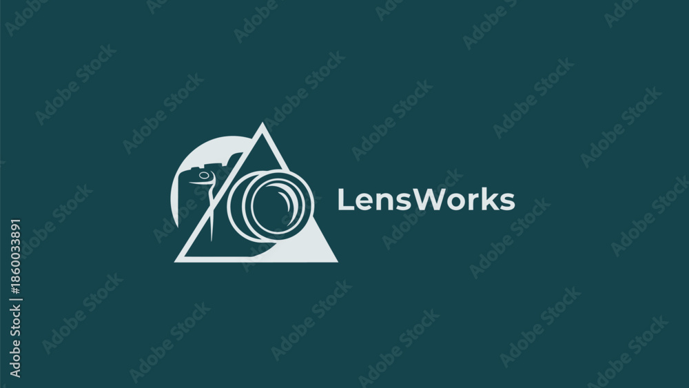 Obraz premium LensWorks logo featuring a camera lens within a triangle, representing photography and visual creativity.