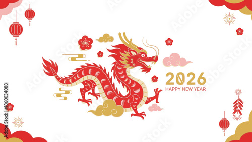 Vibrant illustration of a red dragon surrounded by lanterns, flowers, and clouds on a white background with gold and red accents, celebrating Chinese New Year 2026.