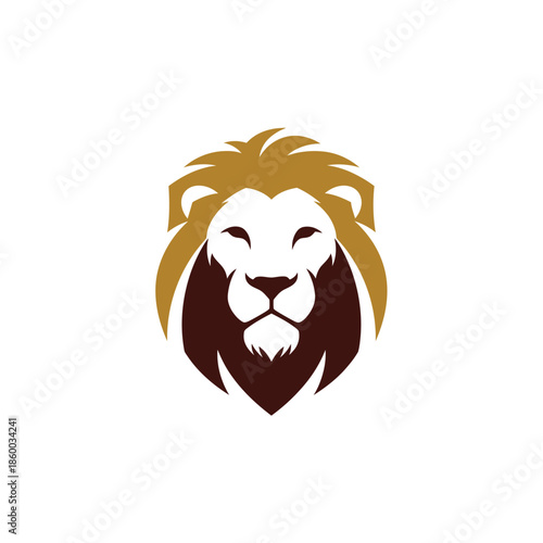 Majestic lion head logo design, golden mane and fierce expression, symbol of strength.
