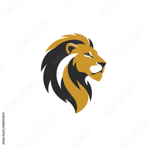 Majestic lion head logo design, golden mane and profile view, powerful animal symbol.